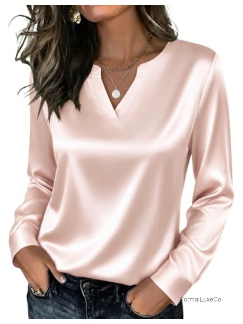 Satin V-Neck Long Sleeve Blouse Semi-Formal Office Top